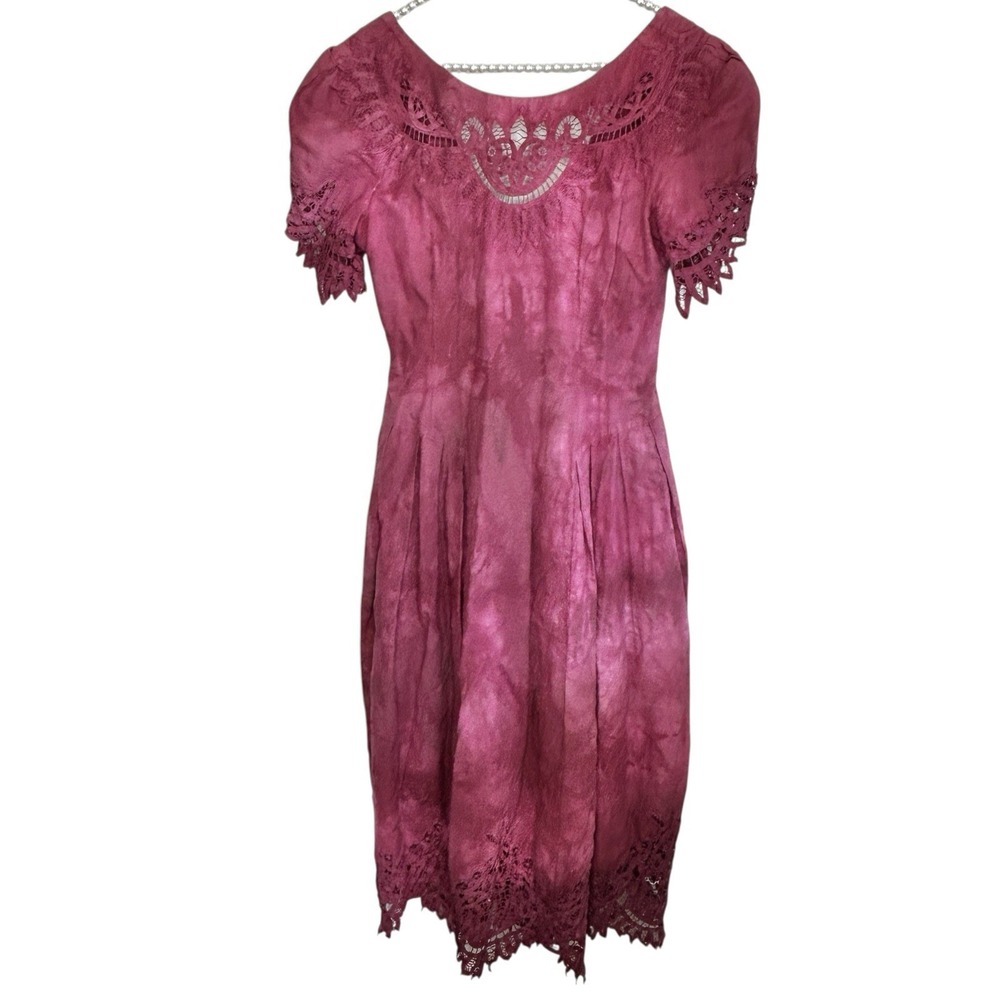 VTG Marie St‎ Claire Linen Cutwork Lace Dress 6 Cottage Boho Embroider Midi Pink